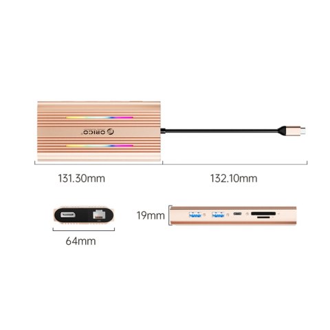HUB 12w1 USB-C - USB-A USB-C HDMI DisplayPort RJ45 SD/microSD 4K PD 100 W RGB - różowo złoty