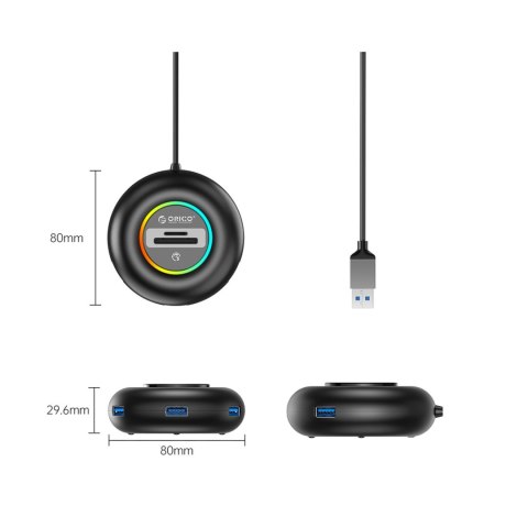 Hub adapter 4-portowy USB-A - USB-A SD microSD RGB 1.8 m - czarny
