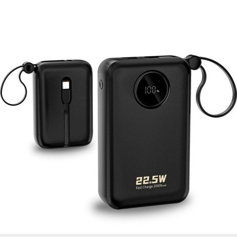 Powerbank 20000mAh USB-C USB-A z wbudowanymi kablami iPhone Lightning USB-C - czarny