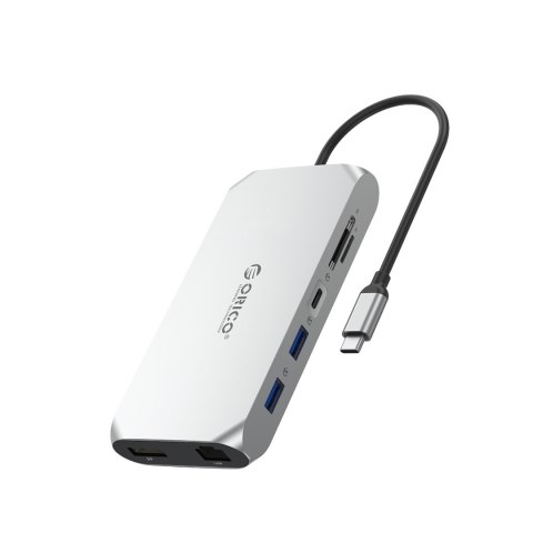 Stacja HUB 12w1 USB-C - USB-A USB-C HDMI DisplayPort SD/microSD RJ45 3.5mm CTIA - srebrny