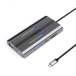 Stacja dokująca HUB 12w1 USB-C - USB-A USB-C HDMI VGA RJ45 SD PD 100W 4K 1000Mbps RGB - szara
