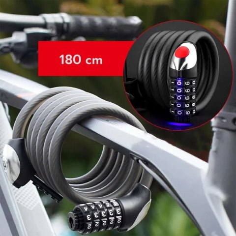 Zapięcie rowerowe na szyfr 5-cyfrowy z linką stalową podświetlaniem LED 180 cm - czarne