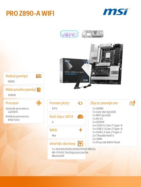 Płyta główna PRO Z890-A WIFI s1851 4 DDR5 HDMI/DP ATX