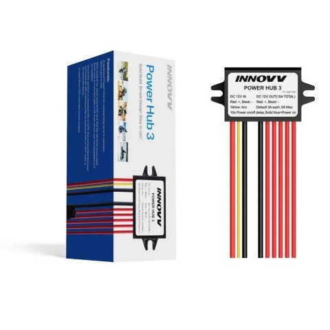 INNOVV Power Hub 3 to wodoodporny rozdzielacz 12V na 5 urządzeń z ochroną akumulatora i bezpiecznikami.