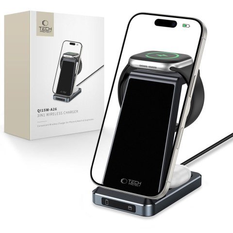 Ładowarka indukcyjna 3w1 na smartfon słuchawki Apple Watch 15W - czarna
