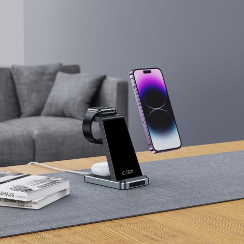 Ładowarka indukcyjna 3w1 na smartfon słuchawki Apple Watch 15W - czarna