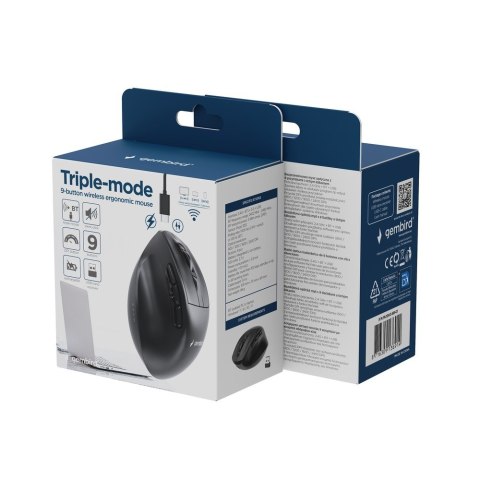 GEMBIRD BEZPRZEWODOWA, ERGONOMICZNA MYSZ TRI MODE (2.4G + BT + USB) 2400 DPI, 9 PRZYCISKÓW, CZARNA