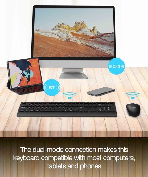 GEMBIRD BEZPRZEWODOWY ZESTAW KLAWIATURY + MYSZ DUAL MODE, 2.4 GHZ + BT, SLIM, UKŁAD US, KOLOR CZARNY