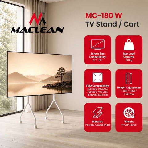 MACLEAN STAND POD TV STAND / WÓZEK DO TV MACLEAN, NA KÓŁKACH, 37-80", MAX. OBCIĄŻENIE 50KG, MAX. VESA 600X400, BIAŁY, MC-180
