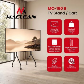 MACLEAN STAND POD TV STAND / WÓZEK DO TV MACLEAN, NA KÓŁKACH, 37-80", MAX. OBCIĄŻENIE 50KG, MAX. VESA 600X400, CZARNY, MC-180