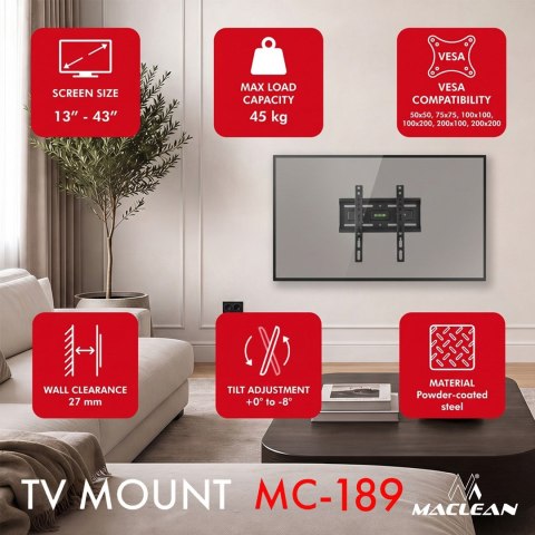 MACLEAN UCHWYT WIESZAK DO TV 13-43'' UCHWYT / WIESZAK DO TV MACLEAN, MAX VESA 200X200, 13-43", DO 45KG, CZARNY, REG. POCHYŁU