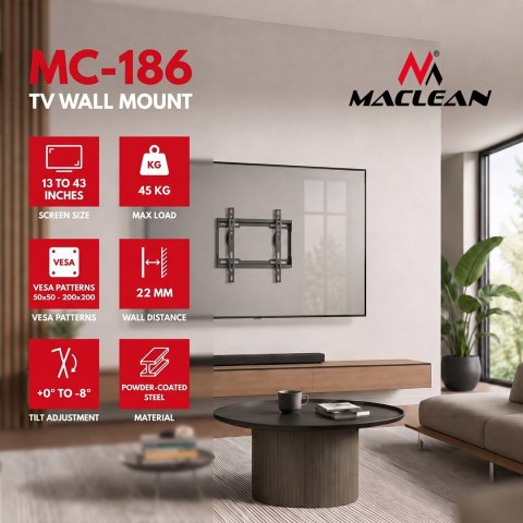 MACLEAN UCHWYT WIESZAK DO TV 13-43'' UCHWYT / WIESZAK DO TV MACLEAN, MAX VESA 200X200, 13-43", DO 45KG, CZARNY, REG. POCHYŁU
