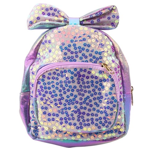 Plecak Dziecięcy Z Cekinami W Kwiatki Kokarda Fioletowy 22cm 2,8L LEAN
