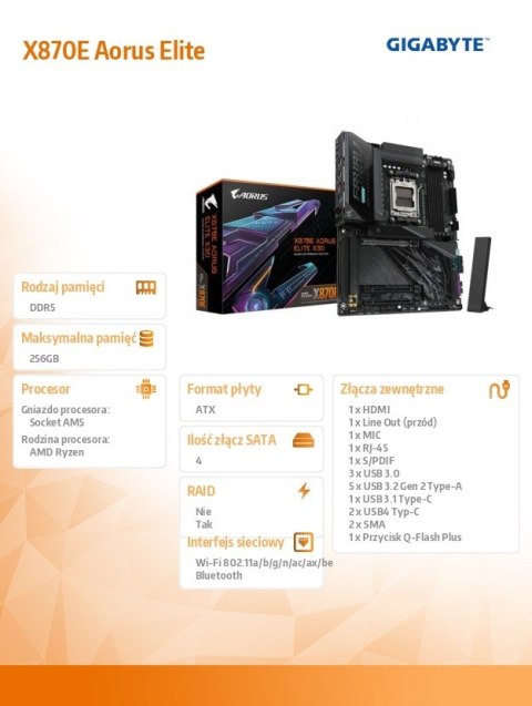 Płyta główna X870E AORUS ELITE X3D AM5 4DDR5 HDMI/USB-C ATX