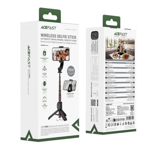 Selfie stick z automatycznym statywem i pilotem Bluetooth 63 cm - czarny