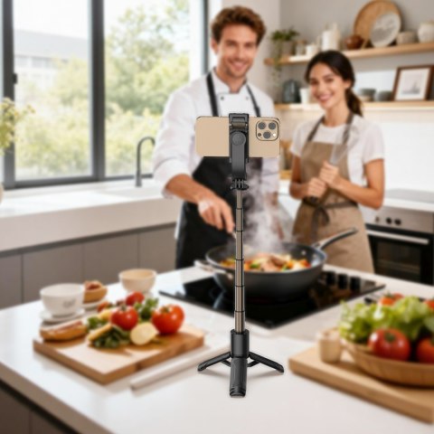 Selfie stick z automatycznym statywem i pilotem Bluetooth 63 cm - czarny