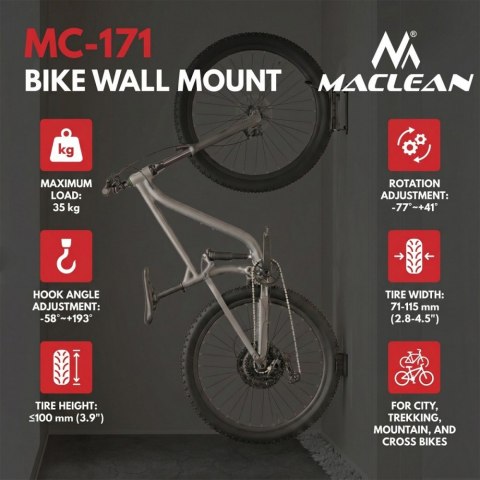 Rowerowy uchwyt ścienny max 35 kg MC-171