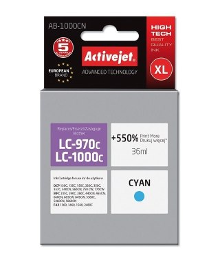 Activejet AB-1000CN Tusz (zamiennik Brother LC1000C/970C; Supreme; 36 ml; niebieski). Drukuje więcej o 550%.