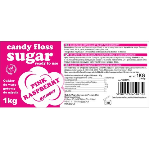 Kolorowy cukier do waty cukrowej różowy o smaku malinowym 1kg GSG24