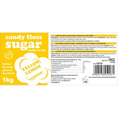 Kolorowy cukier do waty cukrowej żółty o smaku cytrynowym 1kg GSG24