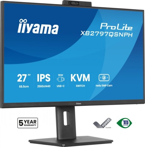 Monitor 27 cali Prolite XB2797QSNPH-B1,IPS,QHD,CAM,MIC,HDMI, DP, 4xUSB,75Hz, USB-C DOCK 96W, RJ45,KVM, 2x2W, 5MP WINDOWS HELLO,