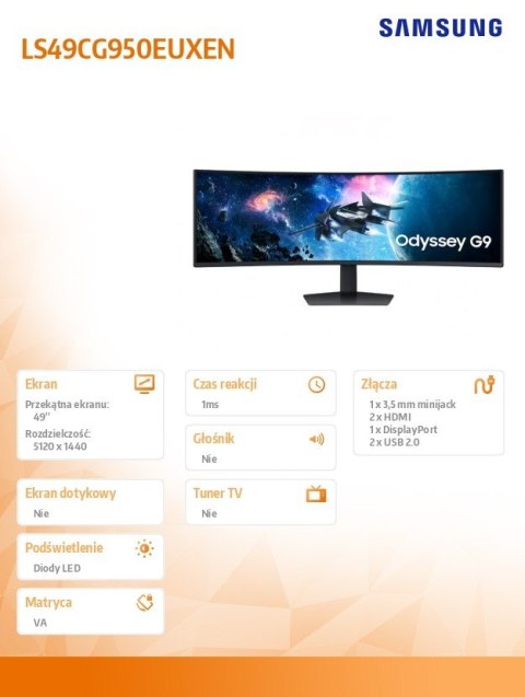 Monitor 49 cali Odyssey G9 G95C VA 5120x1440 DQHD 32:9 2xHDMI 1xDP 2xUSB 2.0 1ms 240Hz zakrzywiony 3Yd2d (LS49CG950EUXEN)
