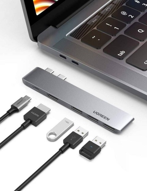 Ugreen wielofunkcyjny HUB 2x USB Typ C na USB Typ C PD (Thunderbolt 3, 100W, 4K@60 Hz, 10 Gbps) / HDMI 4K@30 Hz / 3x USB 3.0 do 