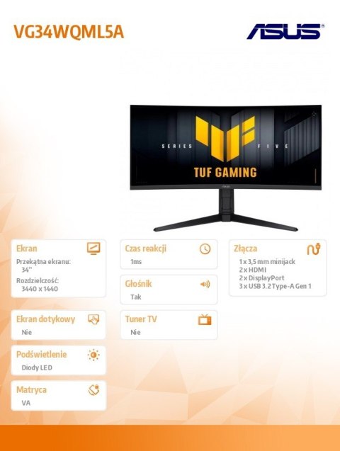 Monitor 34 cale VG34WQML5A WQHD 2DP 2HDMI USB3.2
