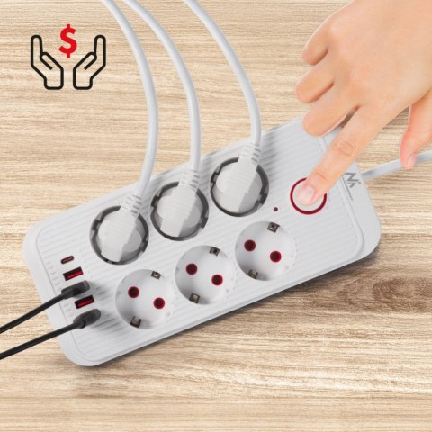 Listwa zasilająca MCE391 W 6 gniazd 4xUSB-A 1xUSB-C 110-240V AC 50/60Hz, 2.1A max 2500W, biała
