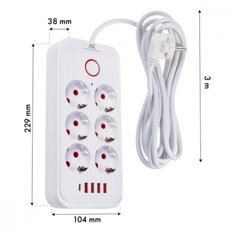 Listwa zasilająca MCE391 W 6 gniazd 4xUSB-A 1xUSB-C 110-240V AC 50/60Hz, 2.1A max 2500W, biała