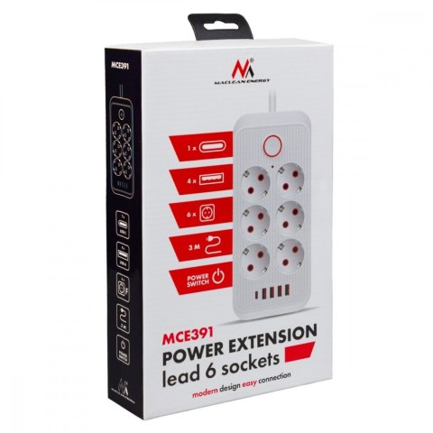 Listwa zasilająca MCE391 W 6 gniazd 4xUSB-A 1xUSB-C 110-240V AC 50/60Hz, 2.1A max 2500W, biała