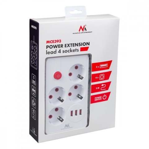 Listwa zasilająca MCE393 W 4 gniazdka, 3xUSB, 110-240V AC 50/60Hz. 2.1A max 2500W, 3m biała