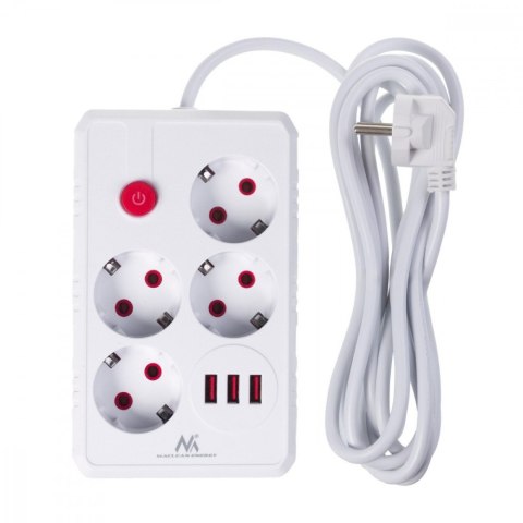 Listwa zasilająca MCE393 W 4 gniazdka, 3xUSB, 110-240V AC 50/60Hz. 2.1A max 2500W, 3m biała