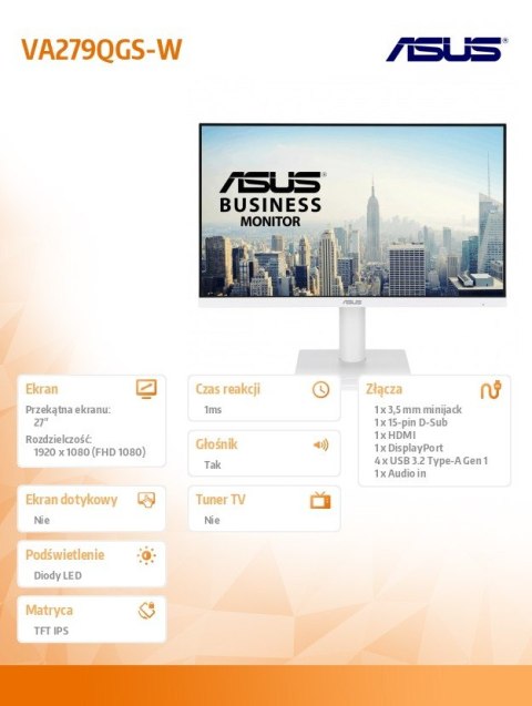 Monitor 27 cali VA279QGS-W IPS FHD HDMI VGA DP 120Hz