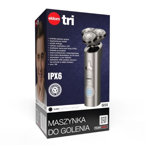 ELDOM MASZYNKA DO GOLENIA G55 TRZY GŁOWICE, WYŚWIETLACZ LCD, BLOKADA PRZYCISKÓW , AKUMULATOROWO-SIECIOWA