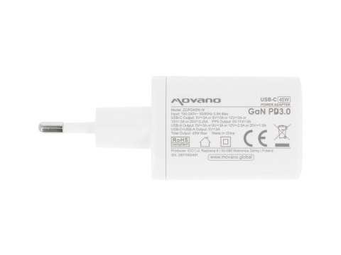 Ładowarka GaN 45W USB-C PD + USB-A (biała)