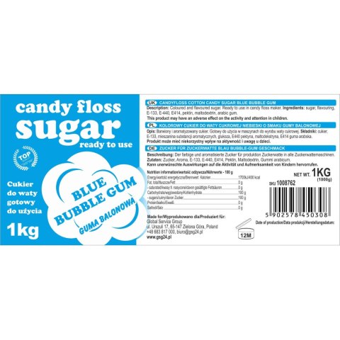 Kolorowy cukier do waty cukrowej niebieski o smaku gumy balonowej 1kg GSG24
