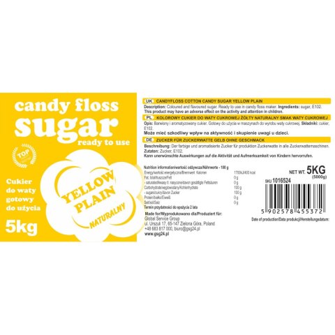 Kolorowy cukier do waty cukrowej żółty o smaku naturalnym 5kg GSG24