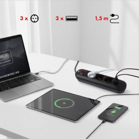 Listwa zasilająca MCE394 B, 1,5m|3 gniazda + 3xUSB. 110-240V AC 50/60Hz, 2.1A max 2500W, czarna
