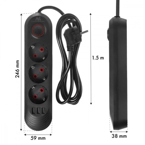 Listwa zasilająca MCE394 B, 1,5m|3 gniazda + 3xUSB. 110-240V AC 50/60Hz, 2.1A max 2500W, czarna