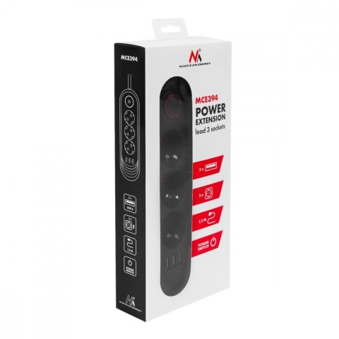 Listwa zasilająca MCE394 B, 1,5m|3 gniazda + 3xUSB. 110-240V AC 50/60Hz, 2.1A max 2500W, czarna