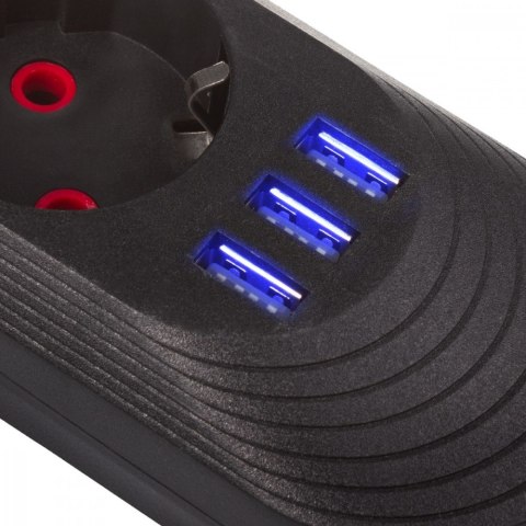 Listwa zasilająca MCE394 B, 1,5m|3 gniazda + 3xUSB. 110-240V AC 50/60Hz, 2.1A max 2500W, czarna