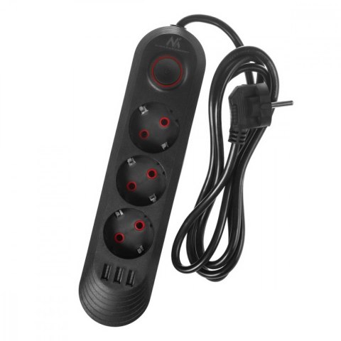 Listwa zasilająca MCE394 B, 1,5m|3 gniazda + 3xUSB. 110-240V AC 50/60Hz, 2.1A max 2500W, czarna