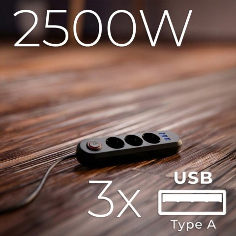 Listwa zasilająca MCE394 B, 1,5m|3 gniazda + 3xUSB. 110-240V AC 50/60Hz, 2.1A max 2500W, czarna