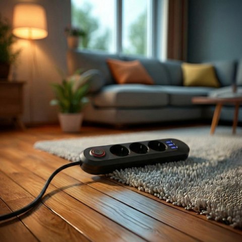 Listwa zasilająca MCE394 B, 1,5m|3 gniazda + 3xUSB. 110-240V AC 50/60Hz, 2.1A max 2500W, czarna